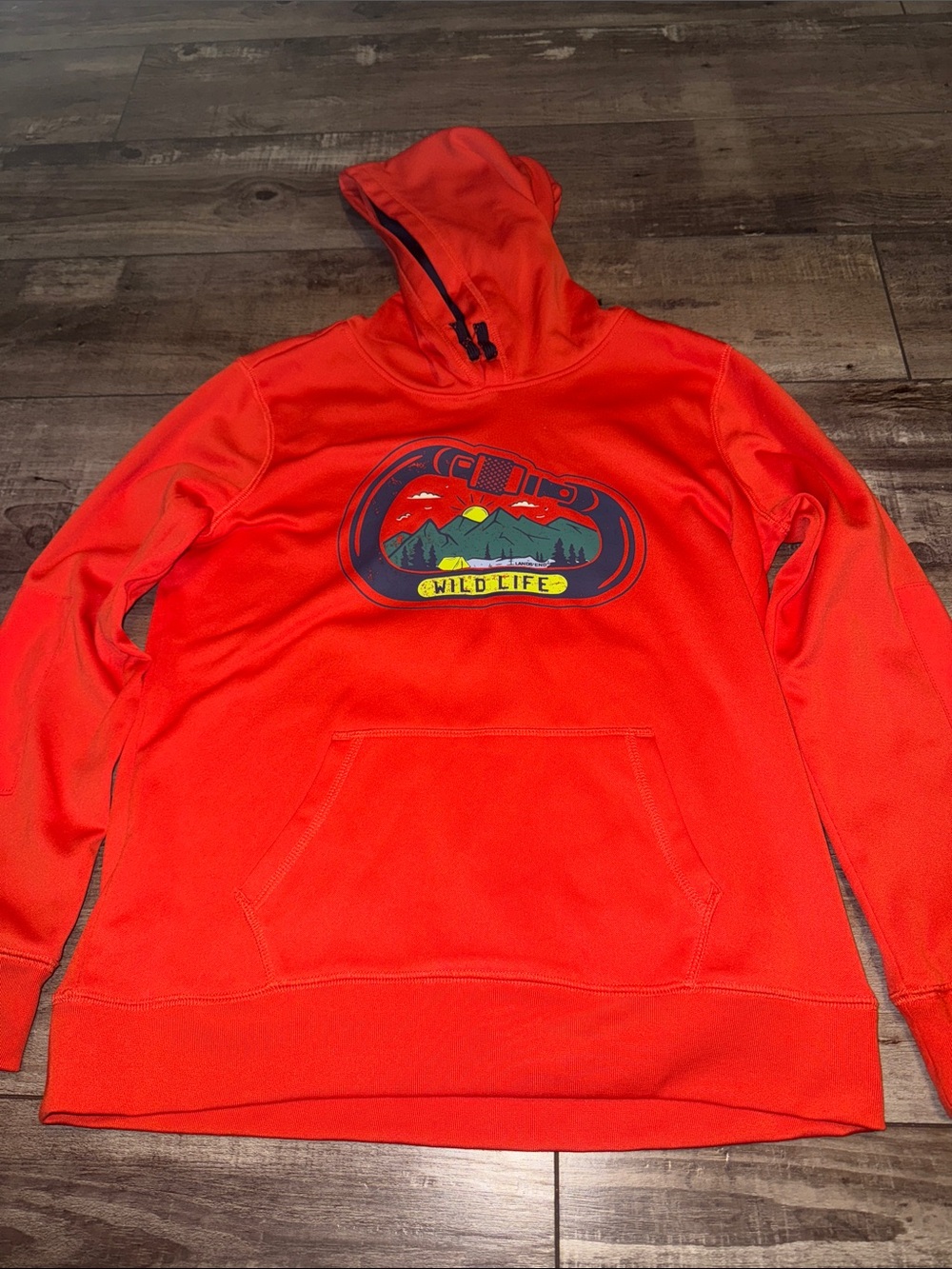 Lands' End Bright Orange Pullover Hoodie with Mountain 'Wild Life' Graphic